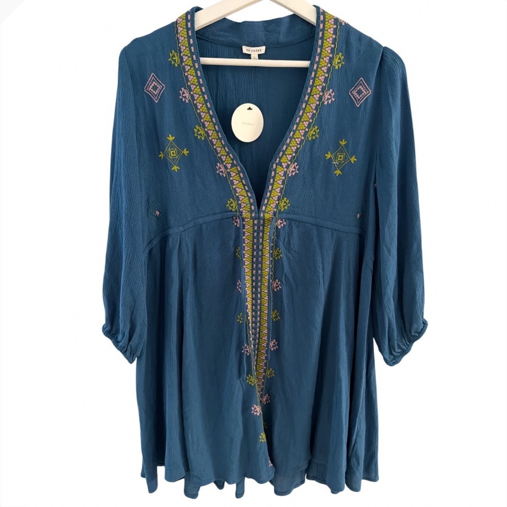 En Creme Womens Slate Blue Embroidered Babydoll Tunic Top Boho Rayon ED13940BL L